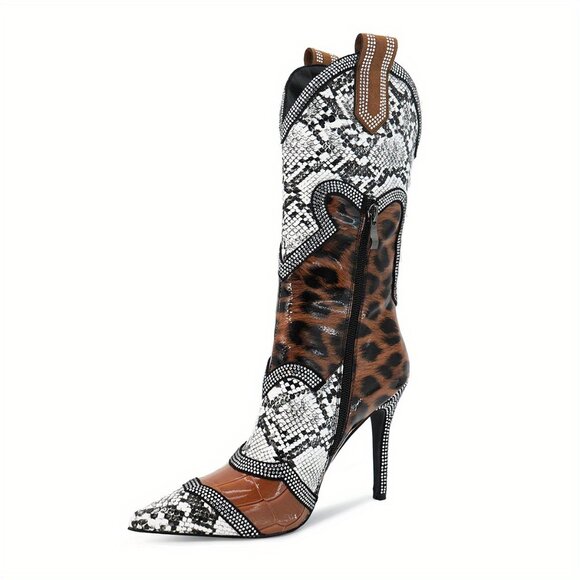 Women's slim high heels, color blocked rhinestones, winter midsole boots - Picture 3 of 7